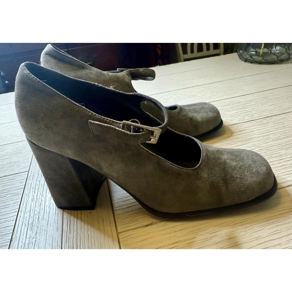 Bakers Vintage Tina Gray Suede Leather Mary Jane 4" Block Heel Shoes. Sz 7.5 M